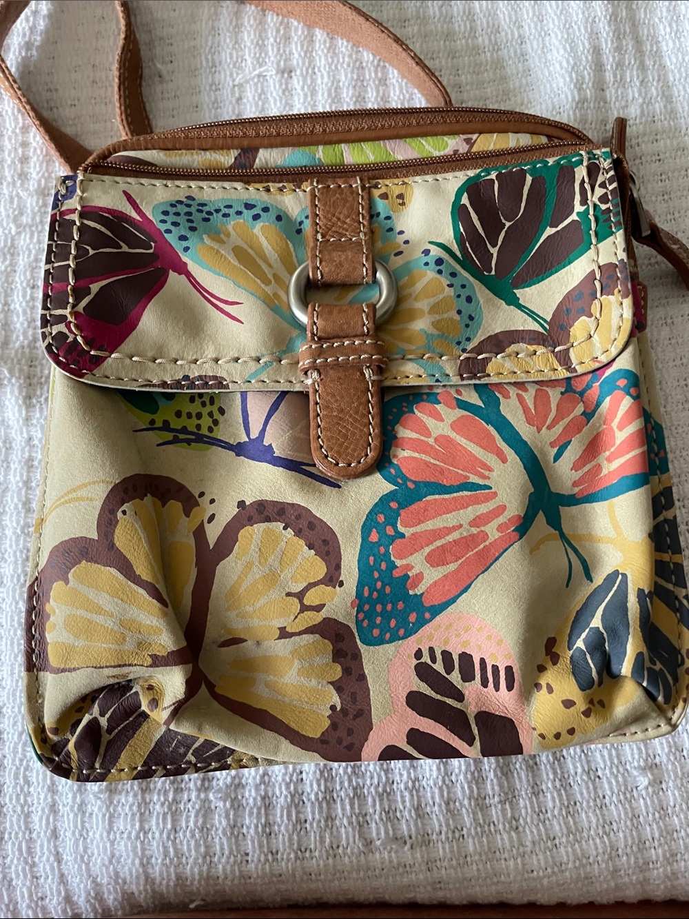 Fossil Multicolor Butterfly Print Crossbody Bag - Cream and Brown Trim - Picture 4 of 5